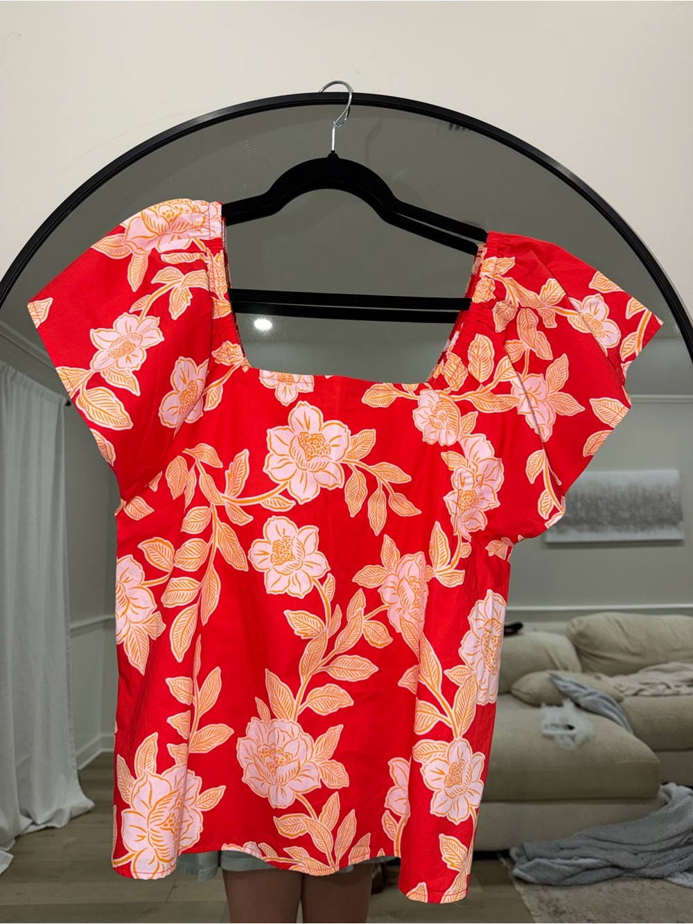 Sugarlips Red Floral Square-Neck Top with Yellow Leaf Print